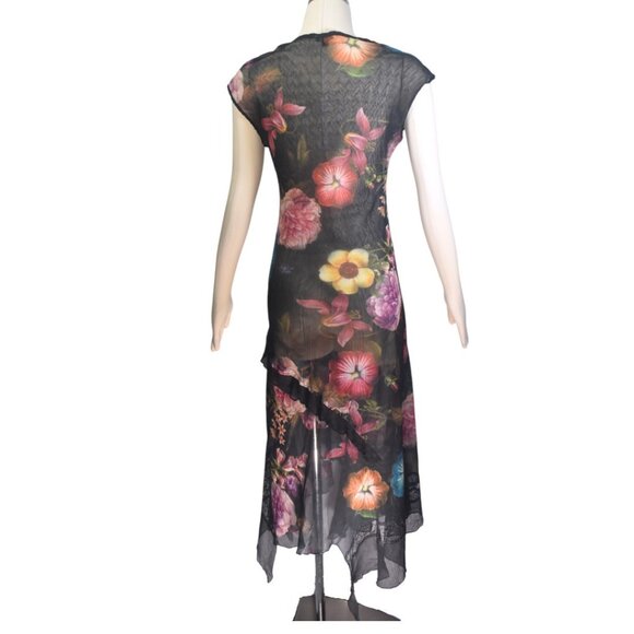 Stunning Komarov Dress Sheer Crinkle Floral Print on Black Hanky Hem L - Picture 2 of 6